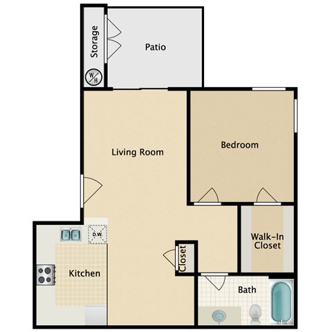 Floor plan for 1 bed, 1 bath, 650 sqft